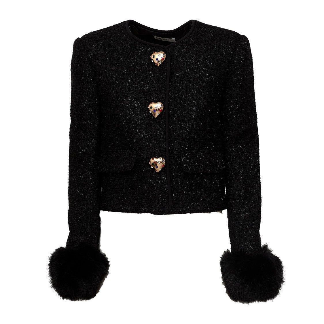 Self-Portrait Black Metallic Boucle Faux Fur Cuff Jacket
