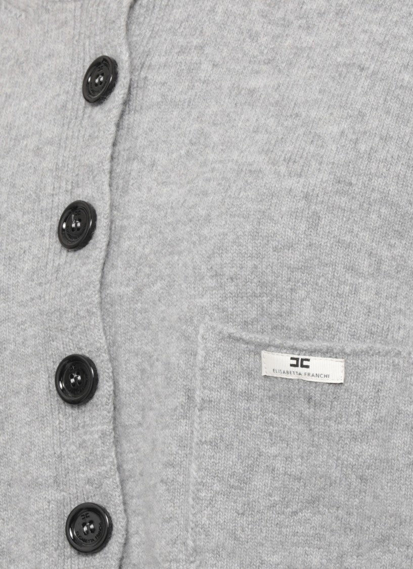 Elisabetta Franchi Grey Cropped Lacquered Buttons Wool Cardigan