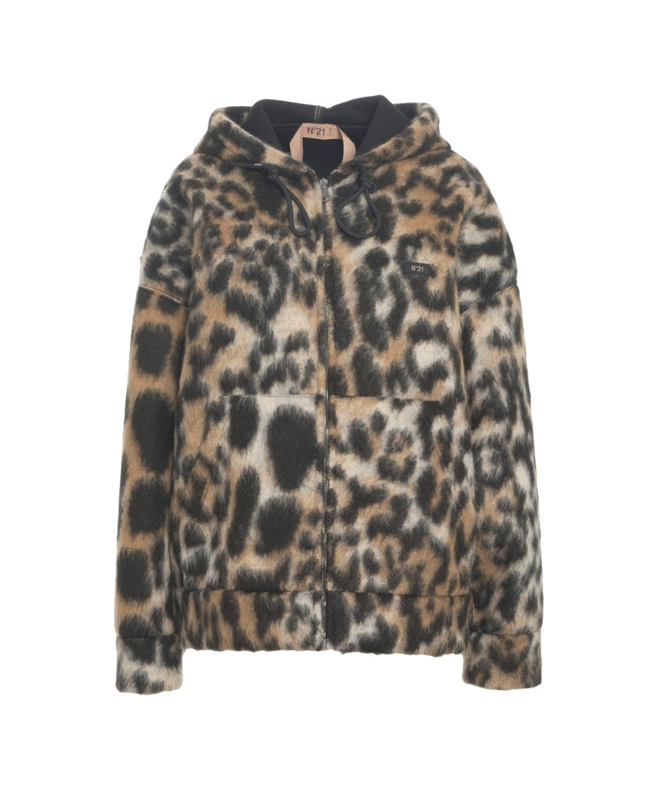 N°21 Oversized Faux Fur Jacket With Animal Print And Drawstring Hood