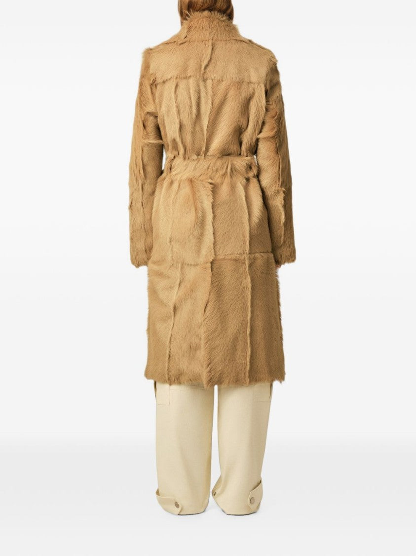 Ami Paris Double-Breasted Camel Coat With Textured Fur-Like Fabric