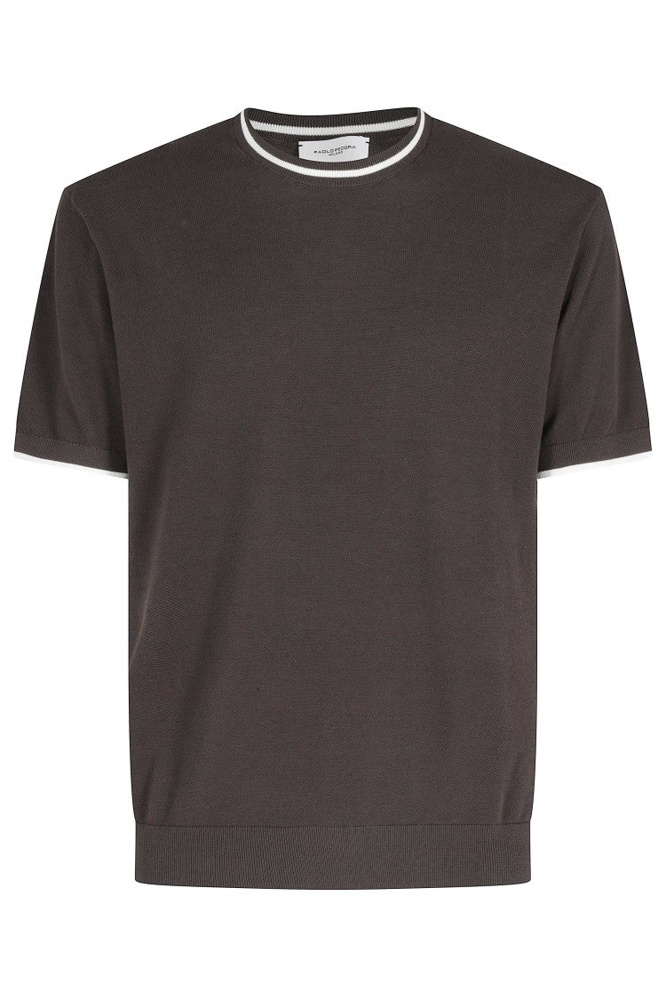 Paolo Pecora Brown Round Neck Contrast-Striped Cotton Knit T-Shirt
