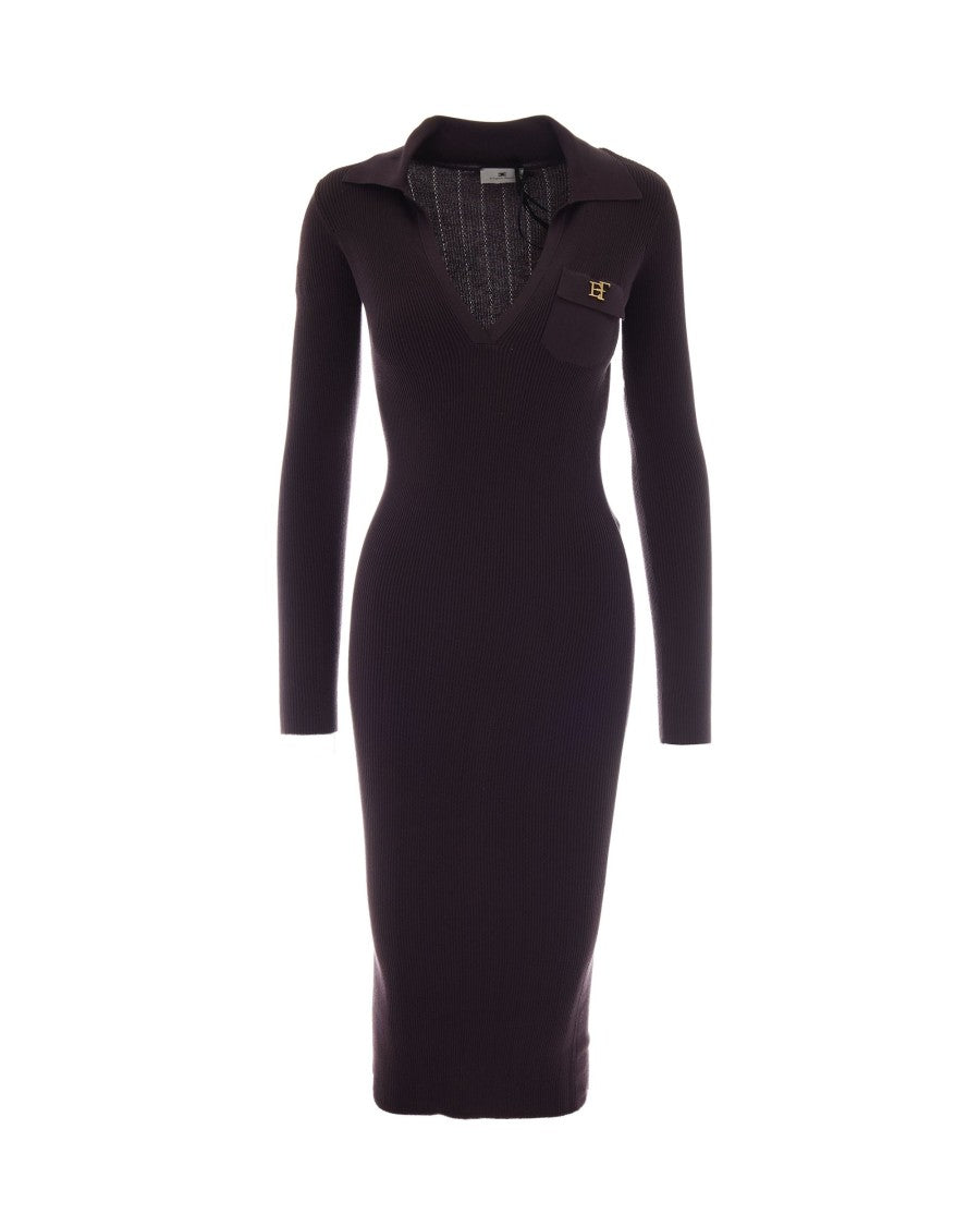 Elisabetta Franchi Long Knit Dress With Polo Collar And Embroidered Details