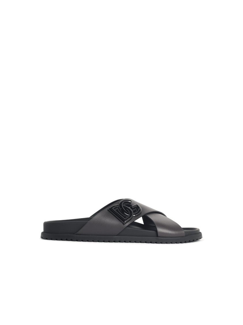 Dolce & Gabbana Black Leather Slippers With Double Crossed Band