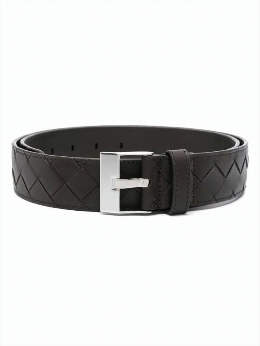 Bottega Veneta Woven Calf Leather Belt With Rectangular Silver Buckle