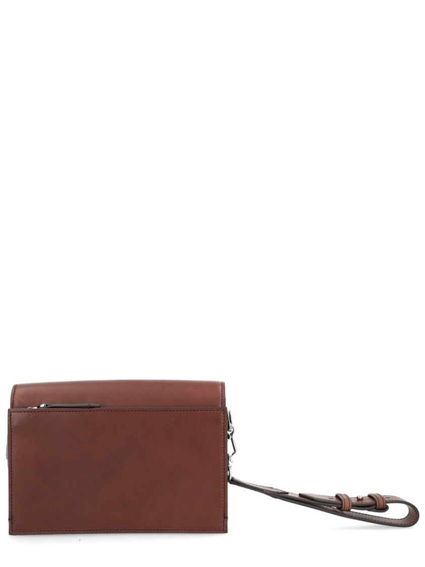 Max Mara Rectangular Brown Leather Bag With Flap Closure And Detachable Wrist Strap