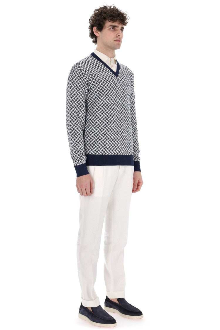 Drumohr Biscottino Pattern Cotton-Linen V-Neck Sweater