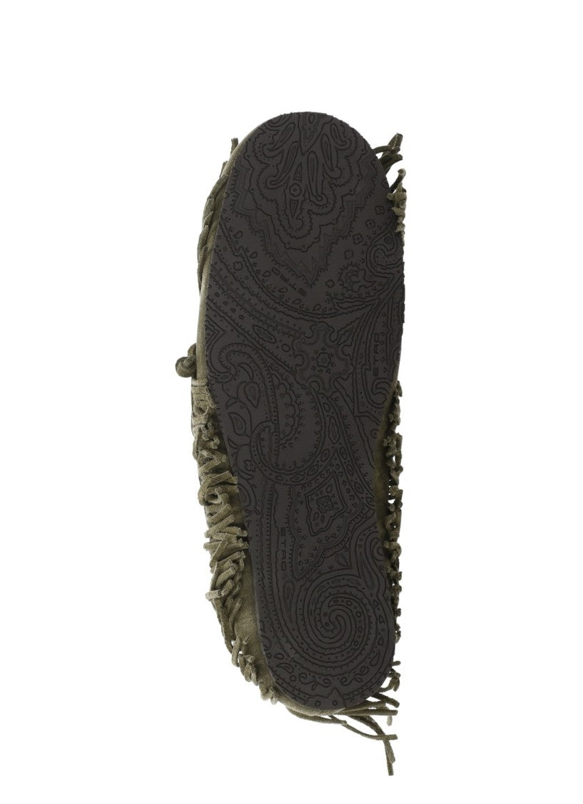 Etro Fringed Green Suede Moccasin With Bow