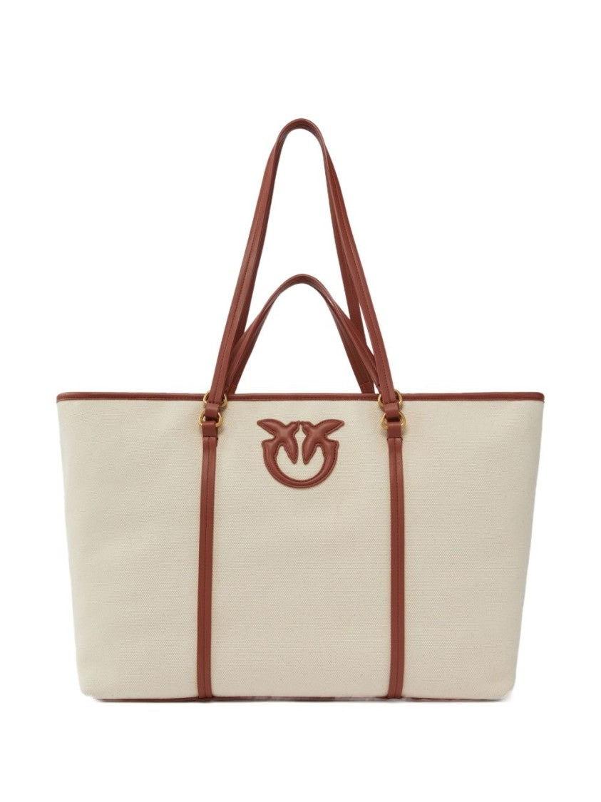 Pinko Spacious Beige Canvas Tote With Brown Leather Straps