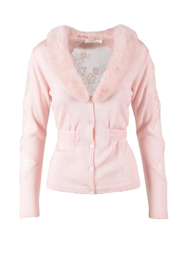 Blumarine Viscose/Polyester Cardigan With Fur Details - Pink