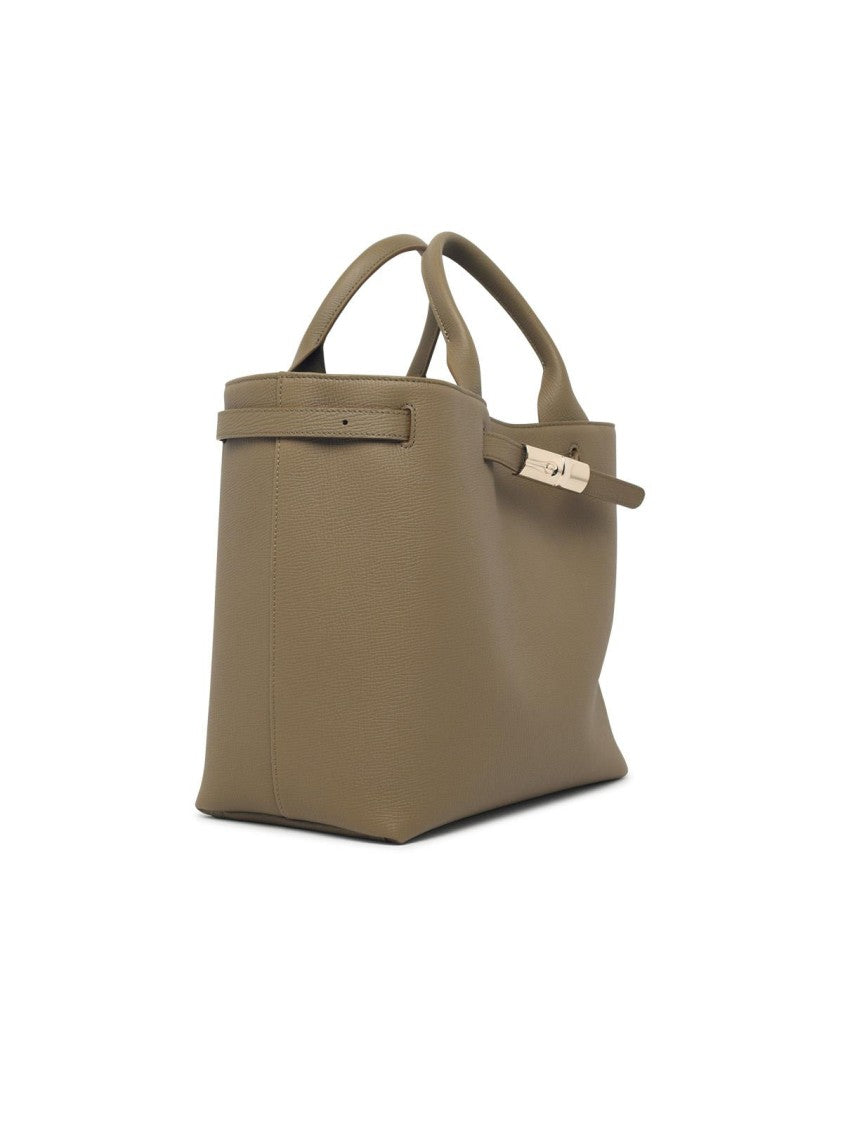 Longchamp Structured Olive Leather Shopping Bag With Adjustable Strap And Bamboo Buckle
