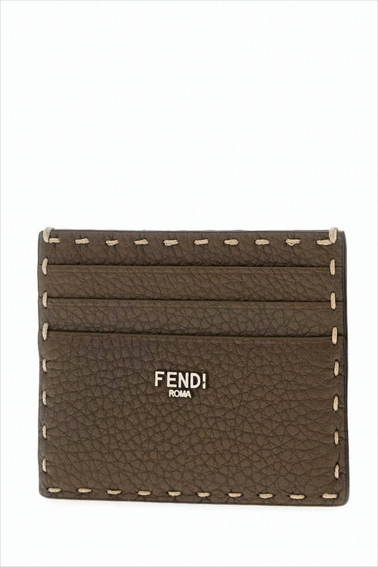 Fendi Textured Calf Leather Card Wallet With Contrasting Stitching