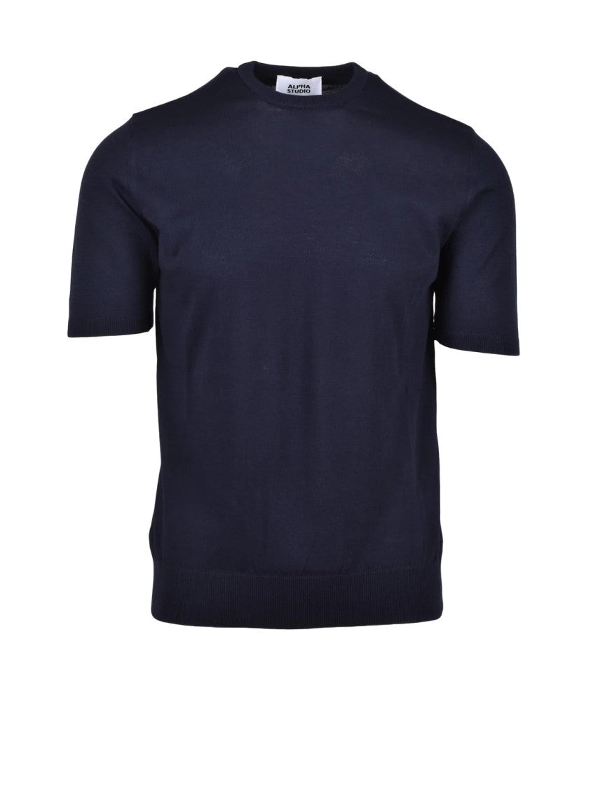 Alpha Studio Navy Blue Cotton Crewneck Top