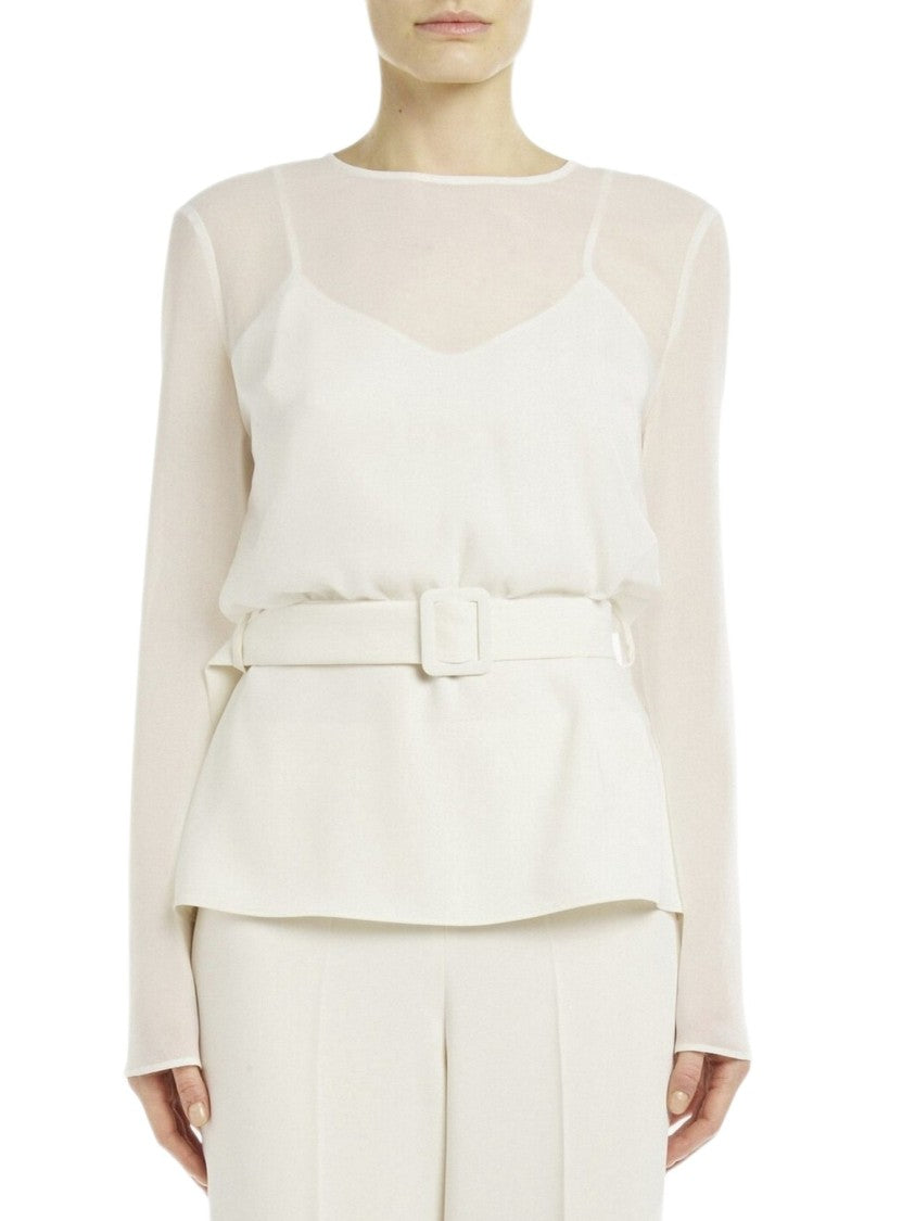 Parosh Sheer White Blouse With Fitted Waist And Godet Detail