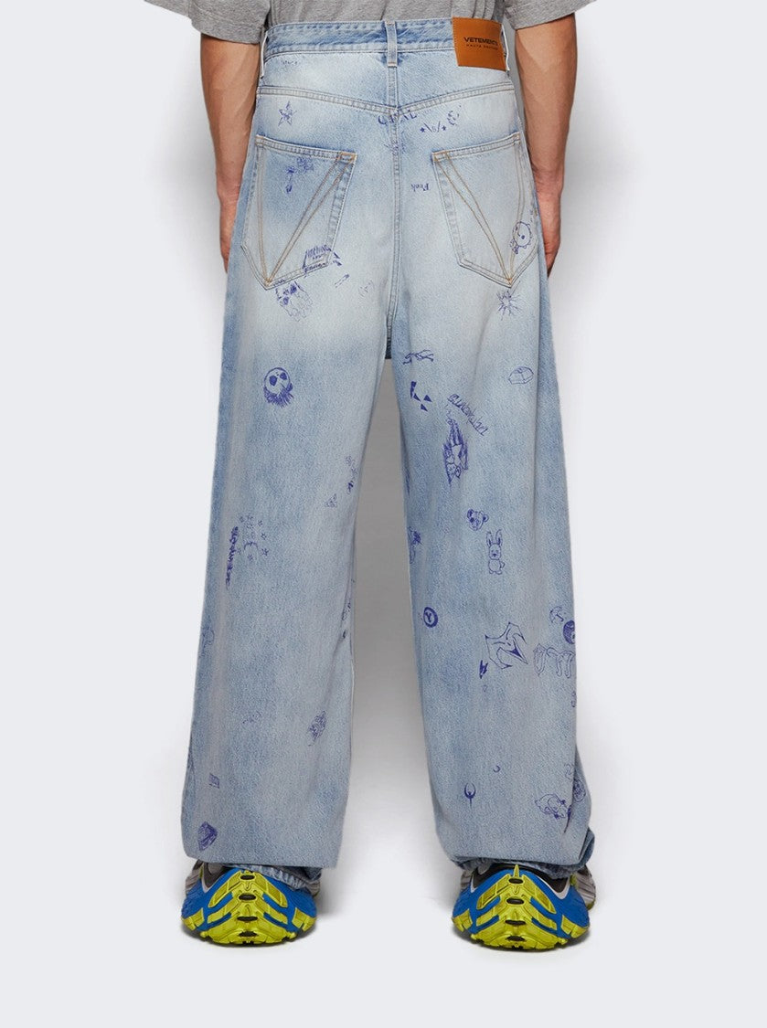 Vetements Scribbled Baggy Jeans Light Blue