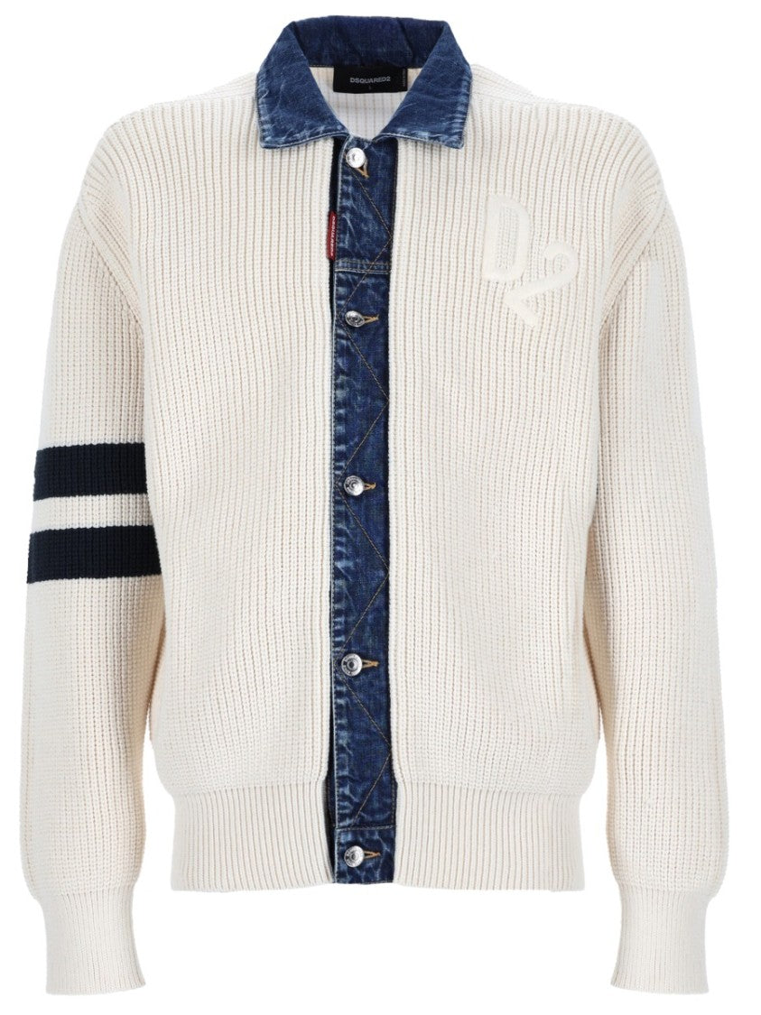 Dsquared2 Neutrals Ribbed Denim Collar Cotton-Blend Cardigan