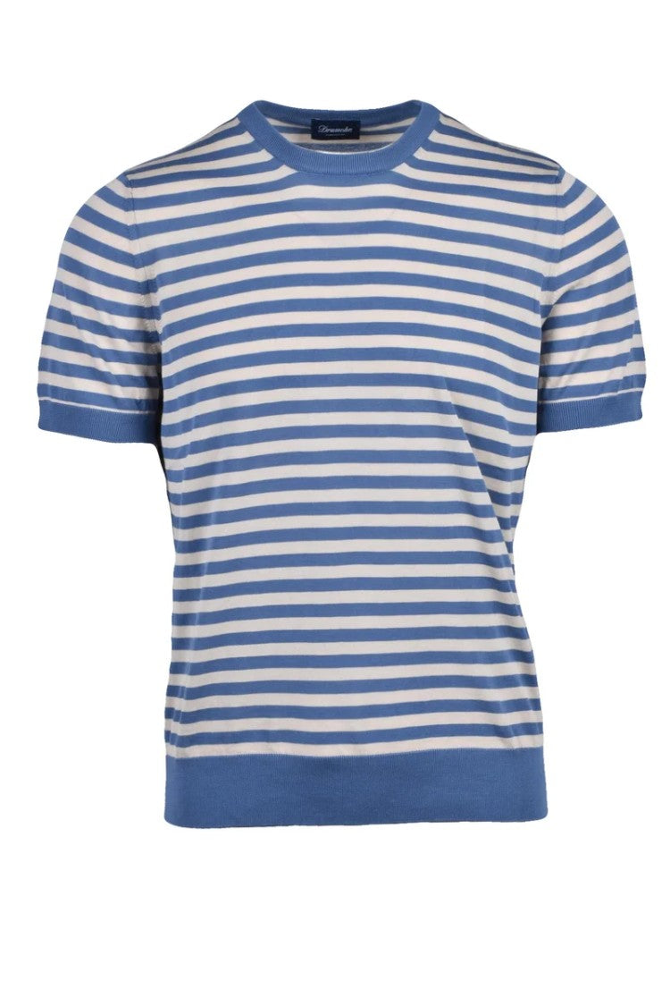 Drumohr Cotton Crew Neck Top - Beige/Sky Blue
