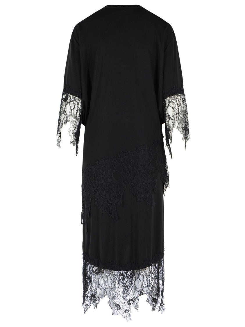 Blumarine Black Viscose Blend Midi Dress With Tonal Lace Accents