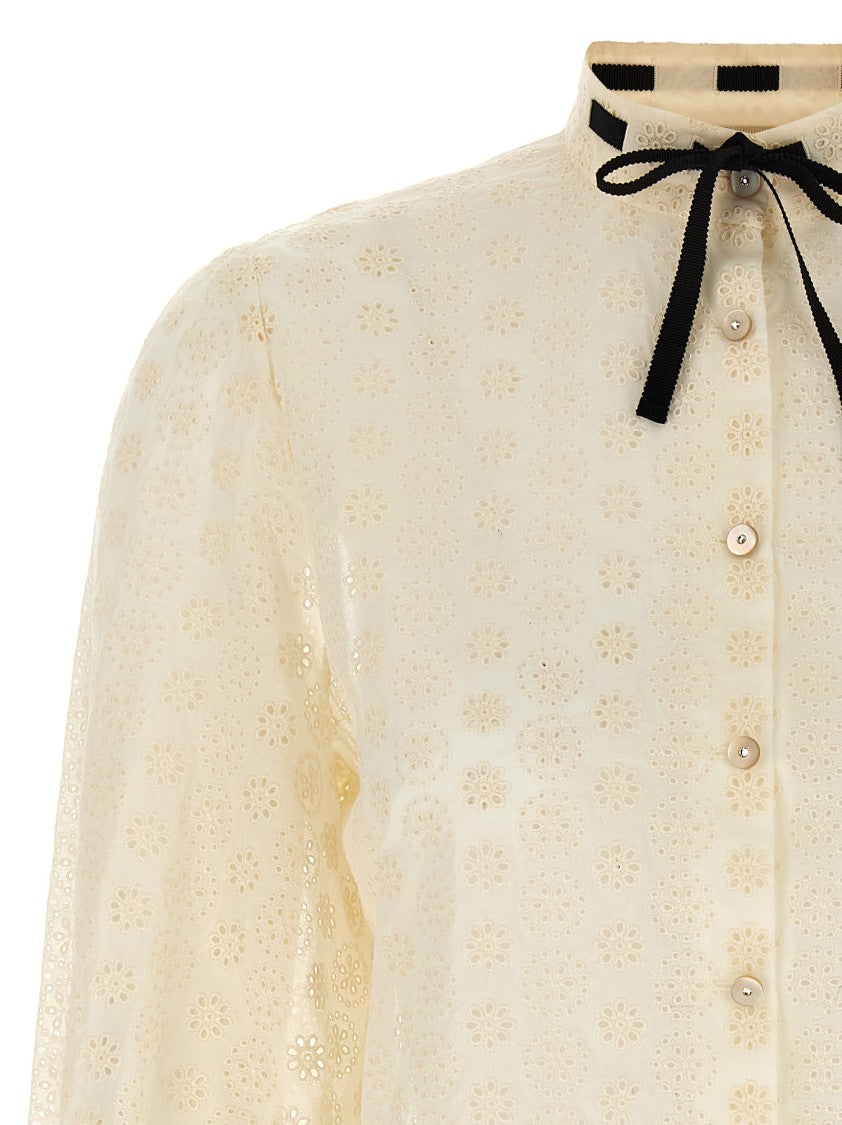 Valentino Garavani Daisy Sangallo Polka Dot Shirt With Grosgrain Ribbon And Rhinestone Buttons