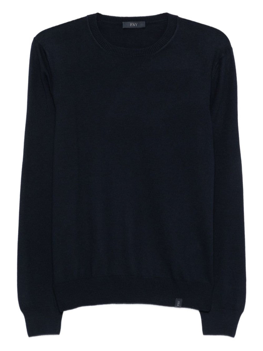 Fay Round Neck Fine Wool Sweater With Ribbed Detailing