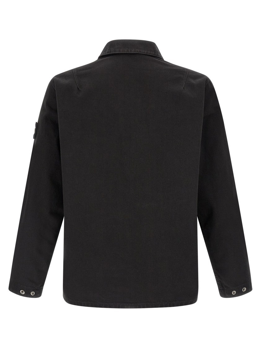 Stone Island Structured Black Denim Overshirt With Zip Closure