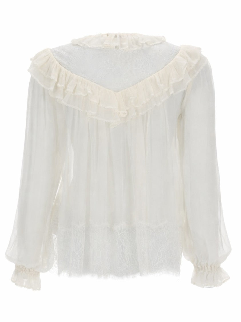 Self-Portrait Neutrals Georgette Ruffled Collar Bow Tie Blouse