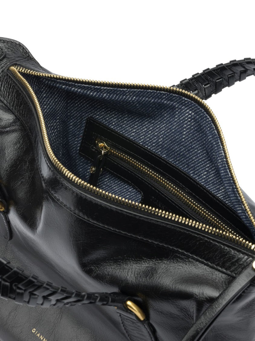 Gianni Chiarini Black Leather Handbag With Braided Handles And Gold Accents
