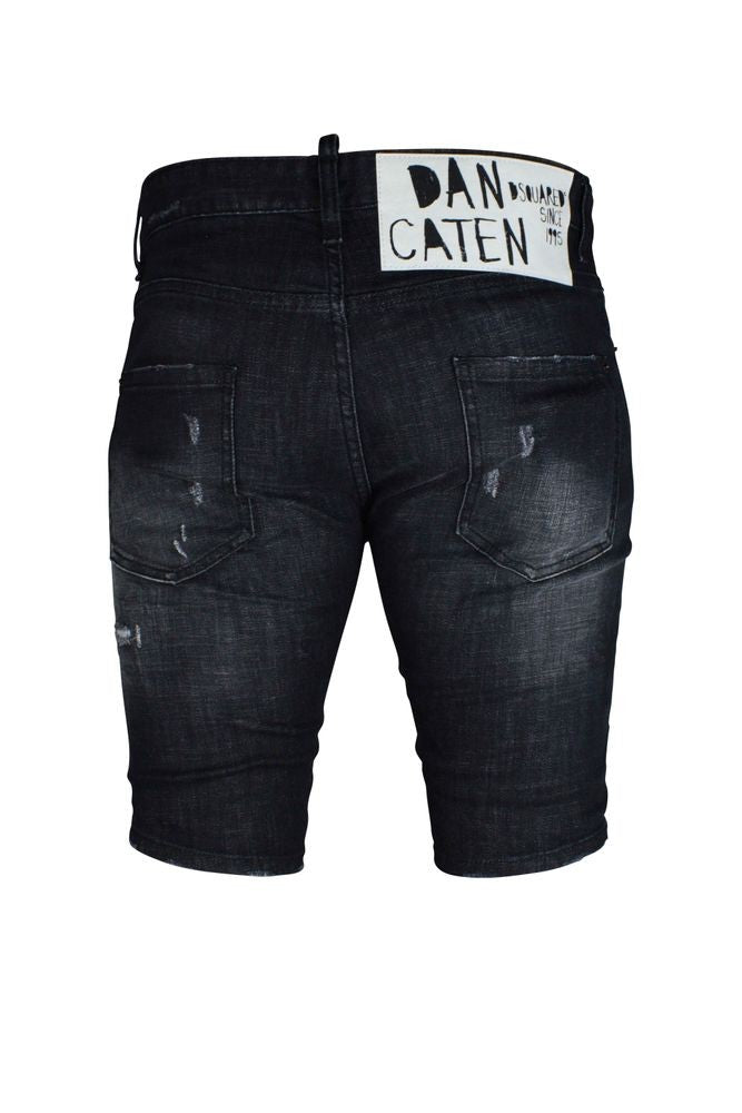 Dsquared2 Distressed Black Shorts With Leather Logo Patch