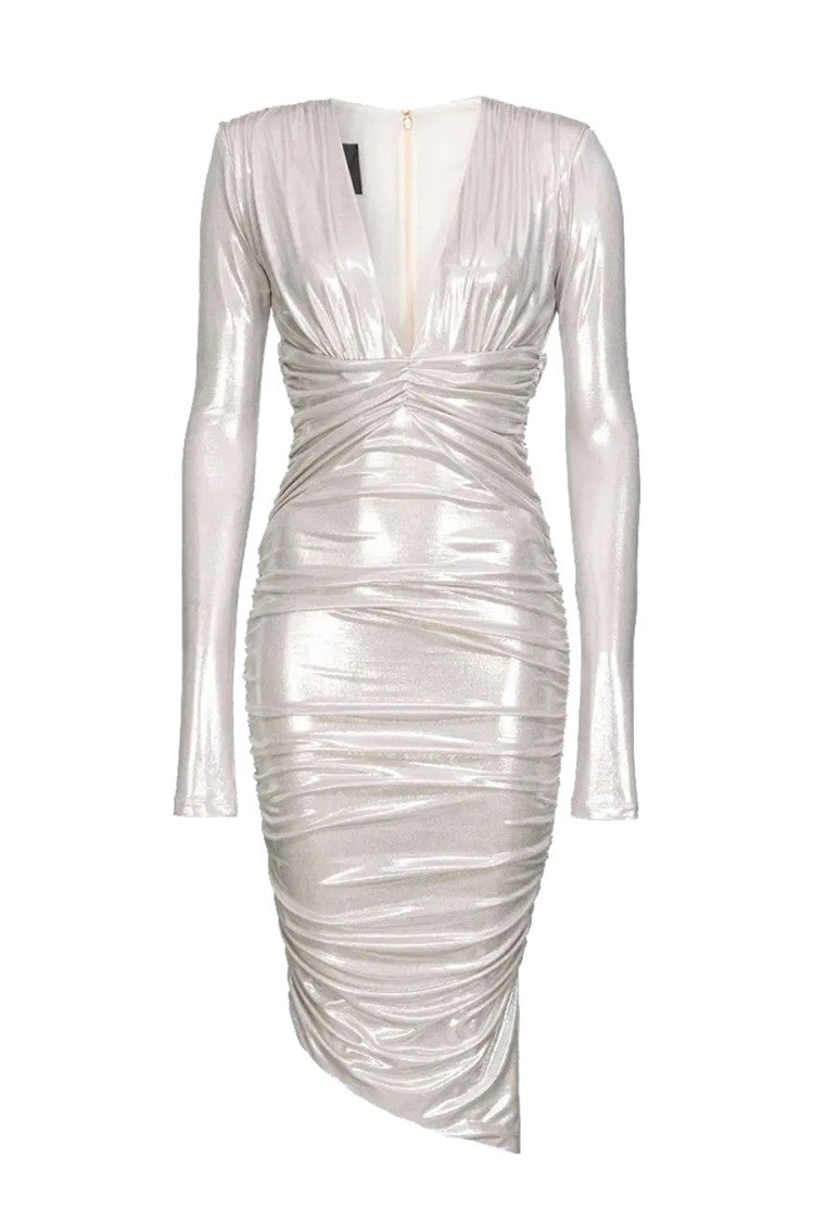 Pinko White Polyester-Elastane Ruched Midi Dress