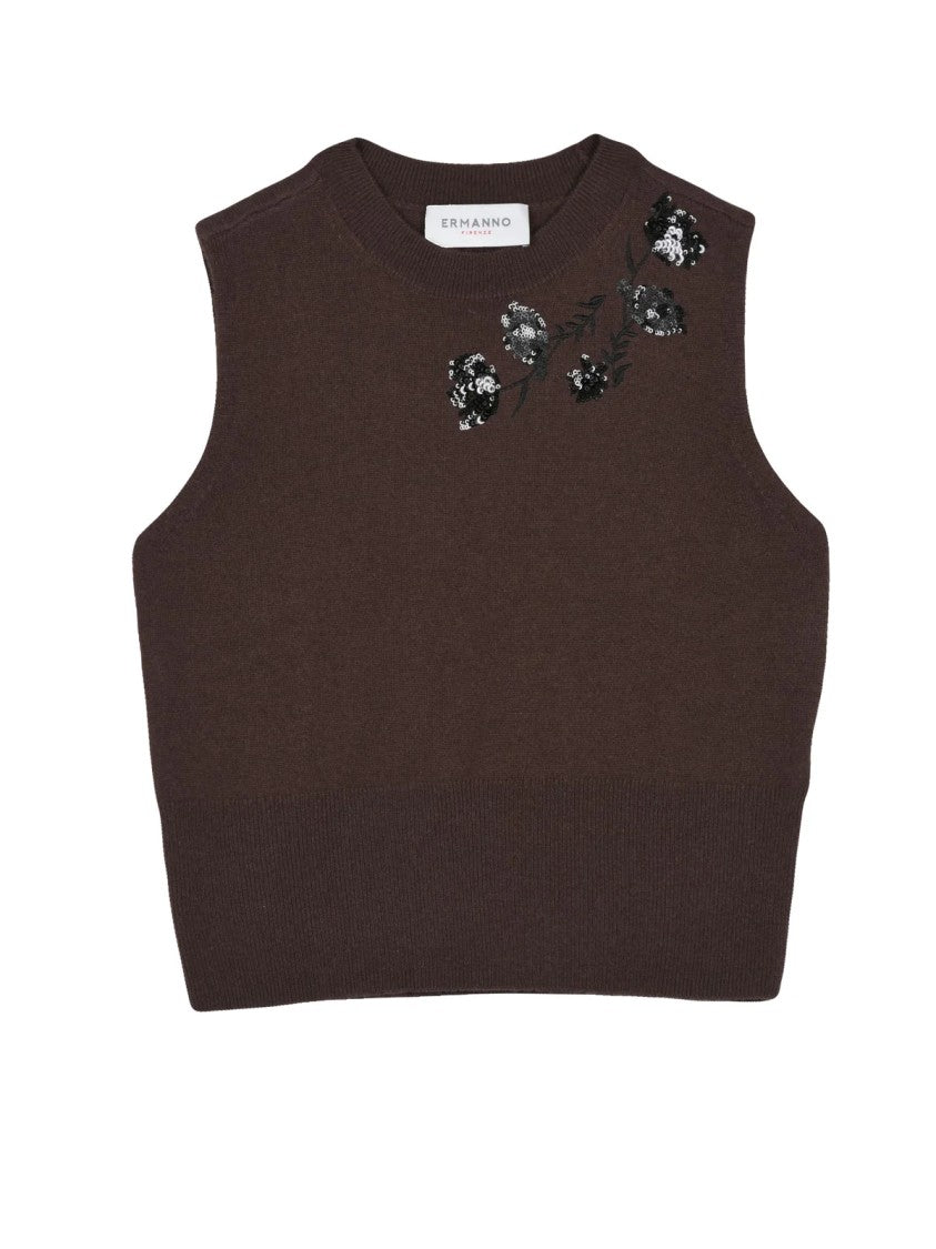 Ermanno Firenze Brown Embellished Polyamide-Blend Tank Top