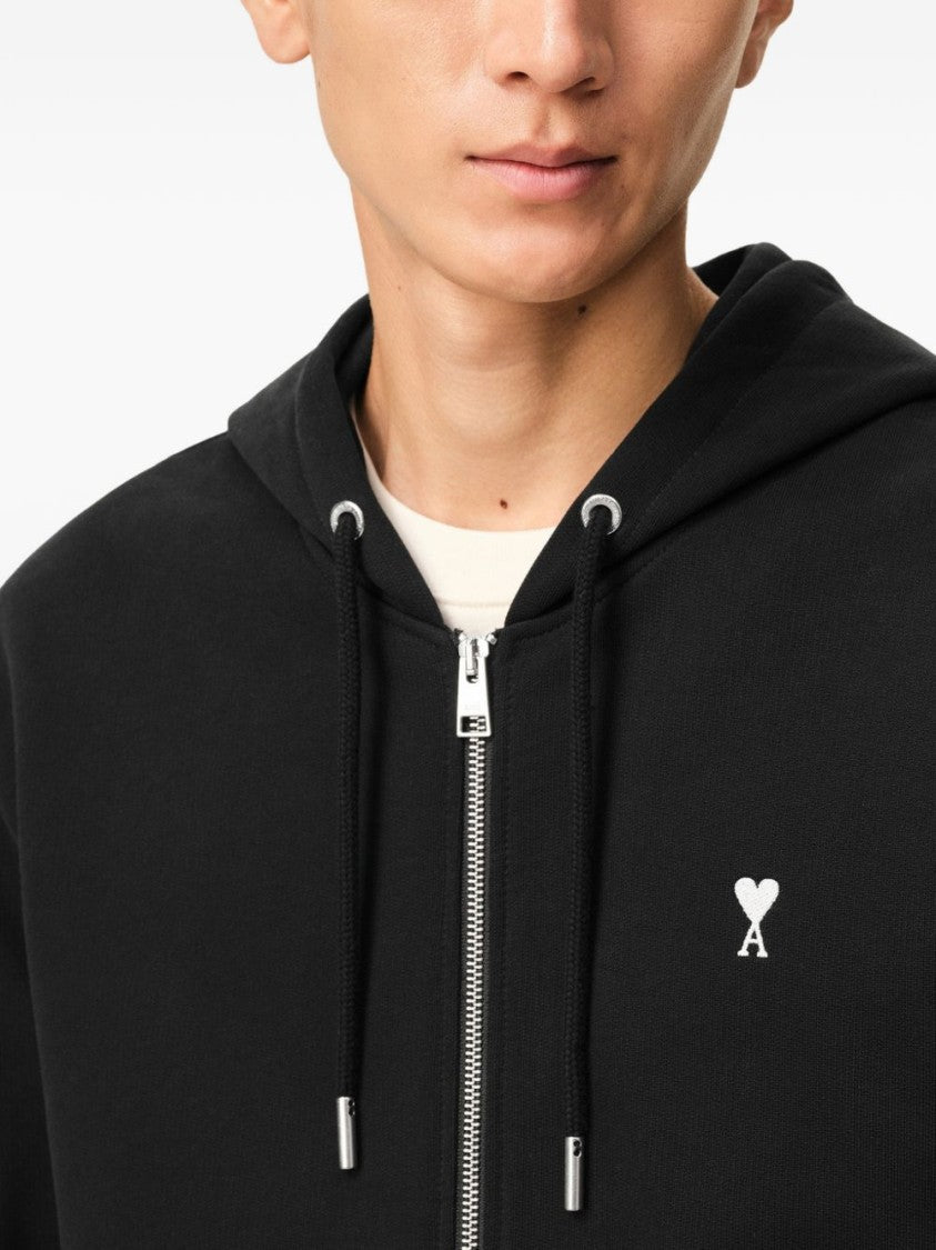 Ami Paris Black Zip-Up Hoodie With Drawstring Hood