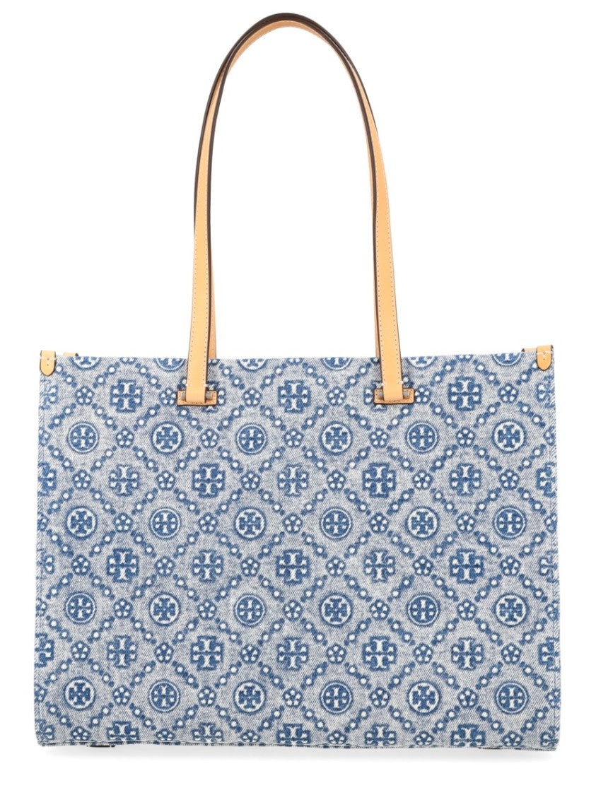 Tory Burch T Monogram Blue Cotton Shopper Bag