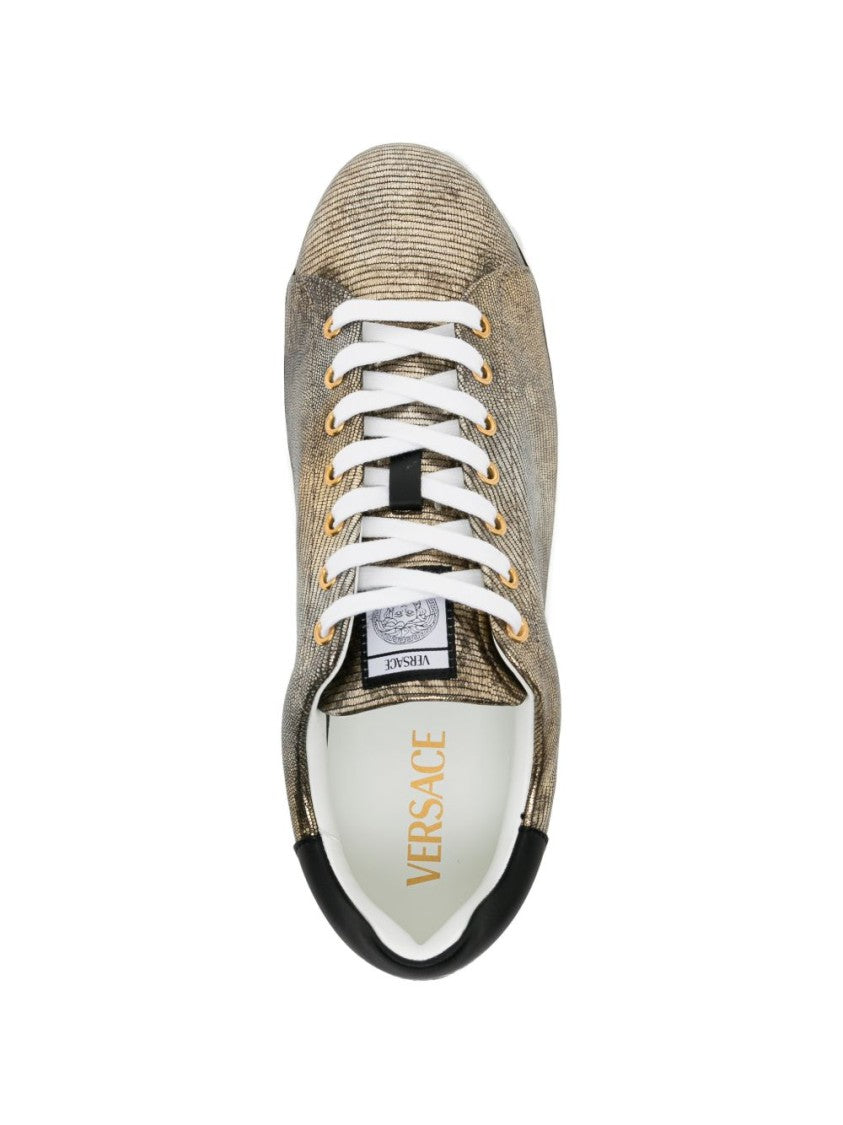 Versace Textured Metallic Sneakers With Silk And Nylon Blend