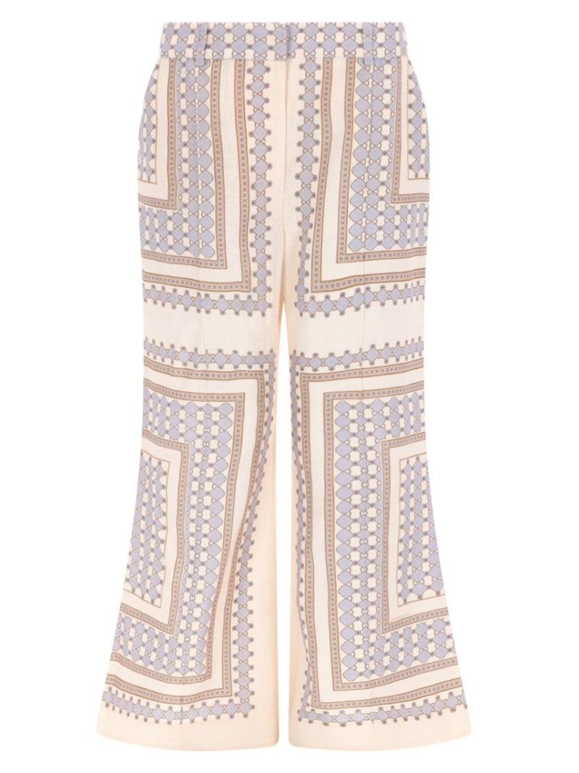 Zimmermann High-Waisted Linen Bell Bottoms With Geometric Pattern