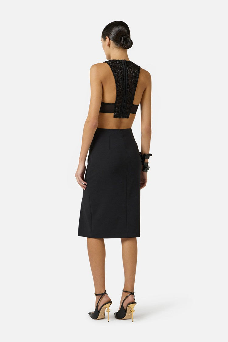 Elisabetta Franchi Black High-Waist V-Cut Logo Hardware Polyamide-Blend Pencil Skirt
