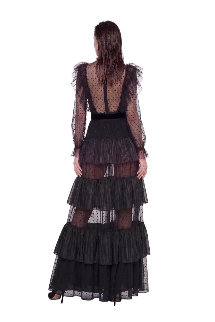 Saiid Kobeisy Tiered Dotted Tulle Dress With Velvet Bow Accents