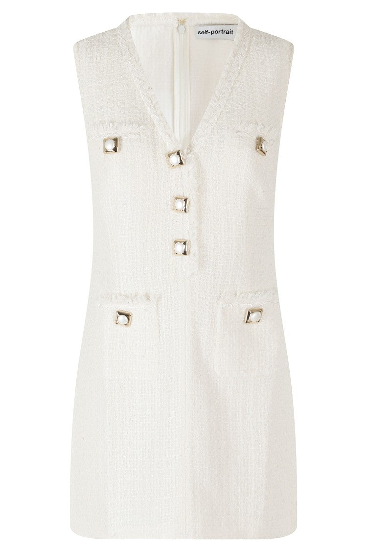 Self-Portrait Cream Boucle Jeweled V-Neck Mini Dress