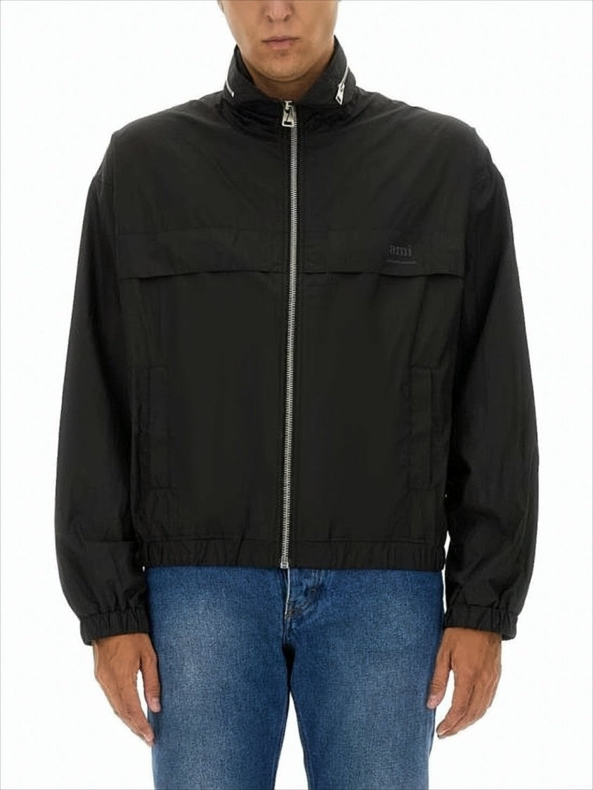 Ami Paris High-Collar Polyamide Jacket With Elastic Hem And Cropped Fit