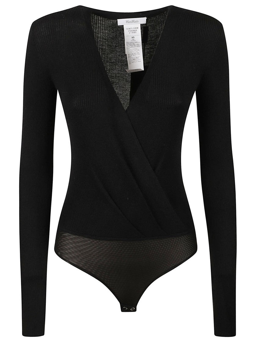 Max Mara Black Long-Sleeve Bodysuit With Deep V-Neck And Sheer Detail