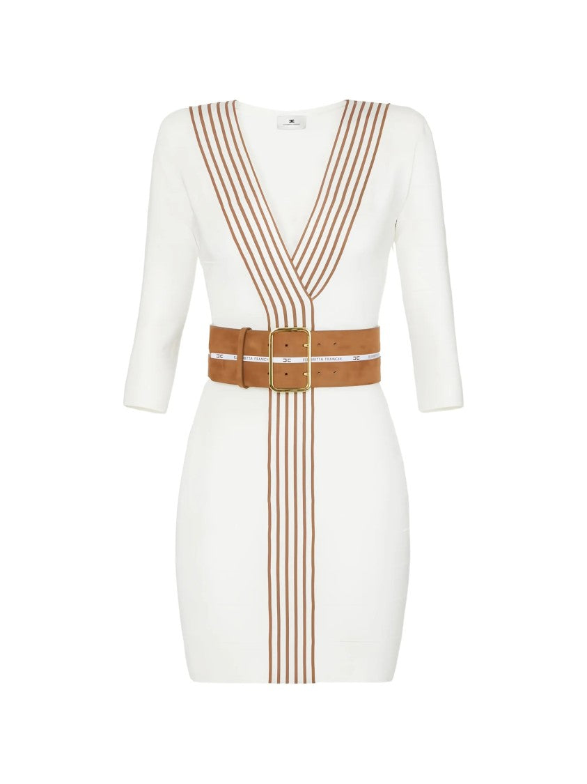 Elisabetta Franchi Fitted White Brown Stripe Belted Dress