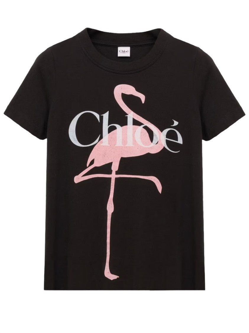 Chloé Flamingo Graphic Crew Neck Cotton T-Shirt
