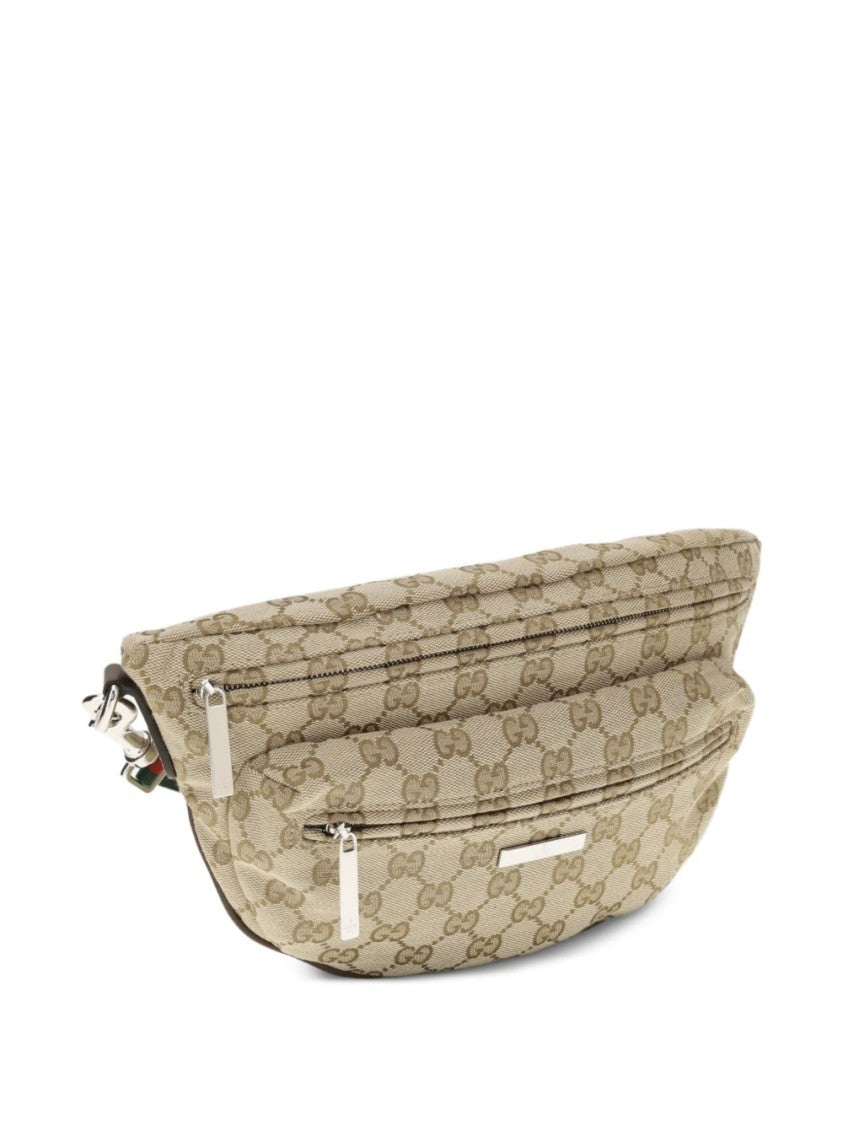 Gucci Beige Web Stripe Monogram Dual Zip Crossbody Bag