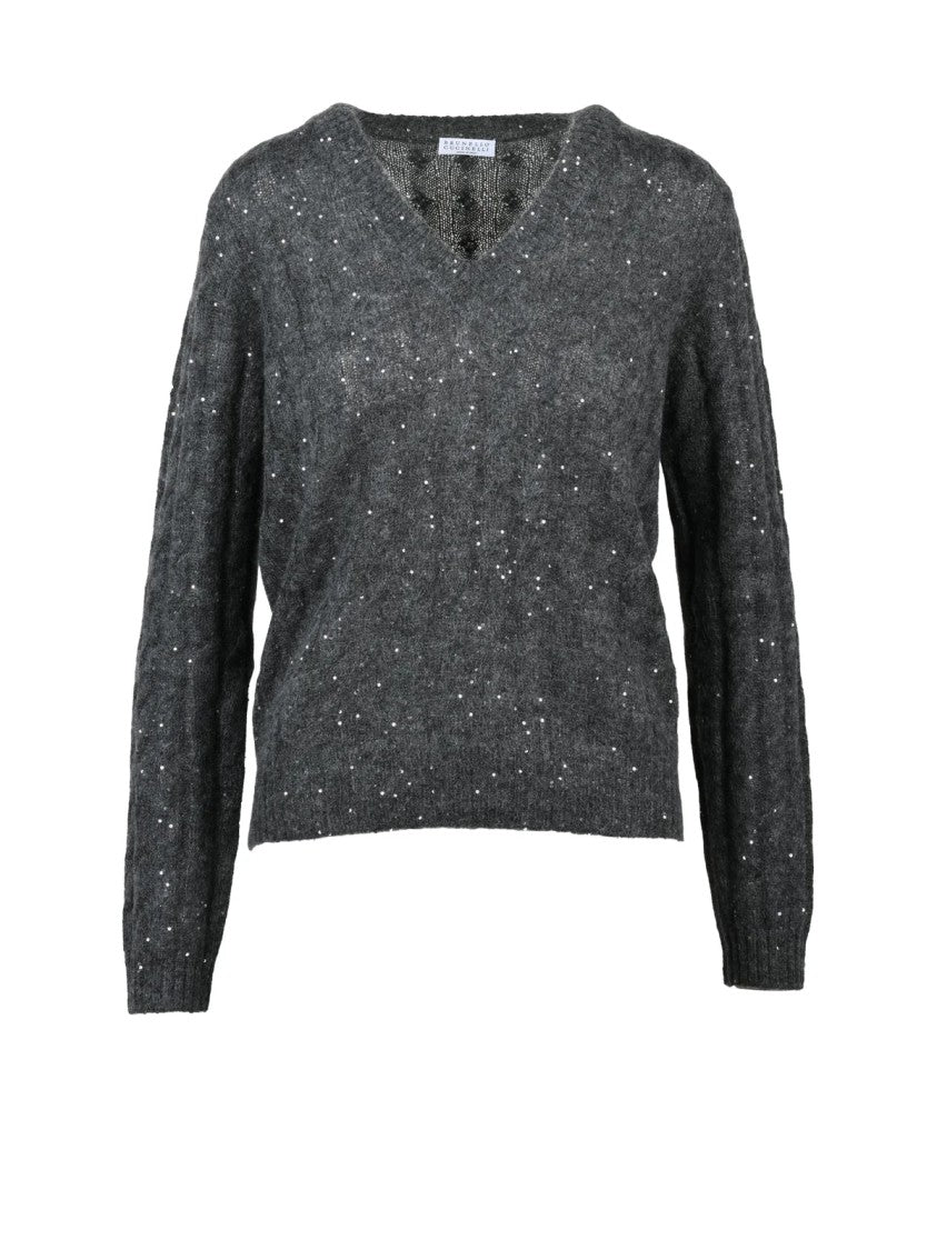 Brunello Cucinelli V-Neck Pullover With Mohair And Rhinestone Accents