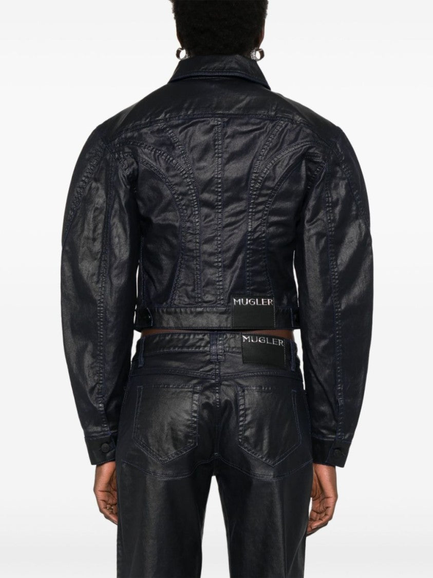 Mugler Cropped Midnight Blue Wax-Effect Jacket
