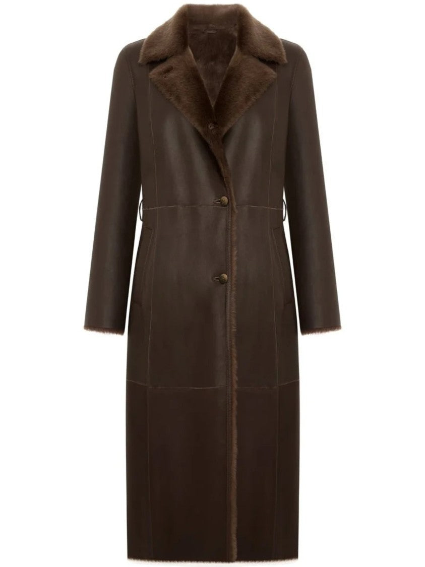 Bigardini Long Brown Merino Shearling Coat With Plush Collar And Tailored Fit