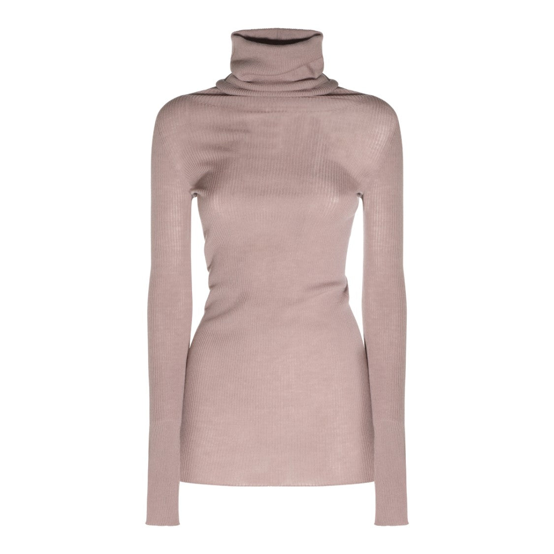 Rick Owens Rose Wool Knit Sweater With High Collar And Ribbed Texture