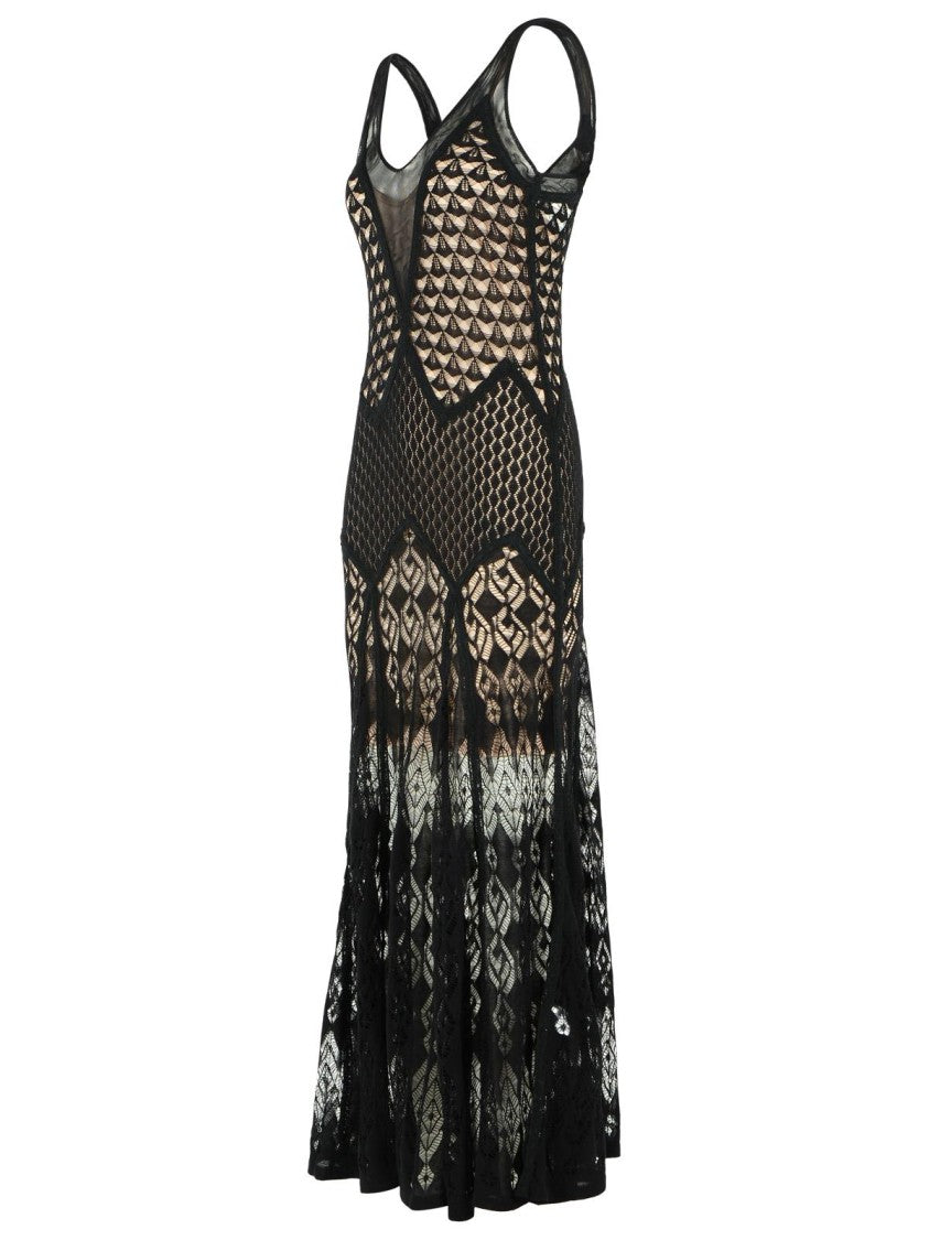 Blumarine Long Dress In Black Worked Cotton