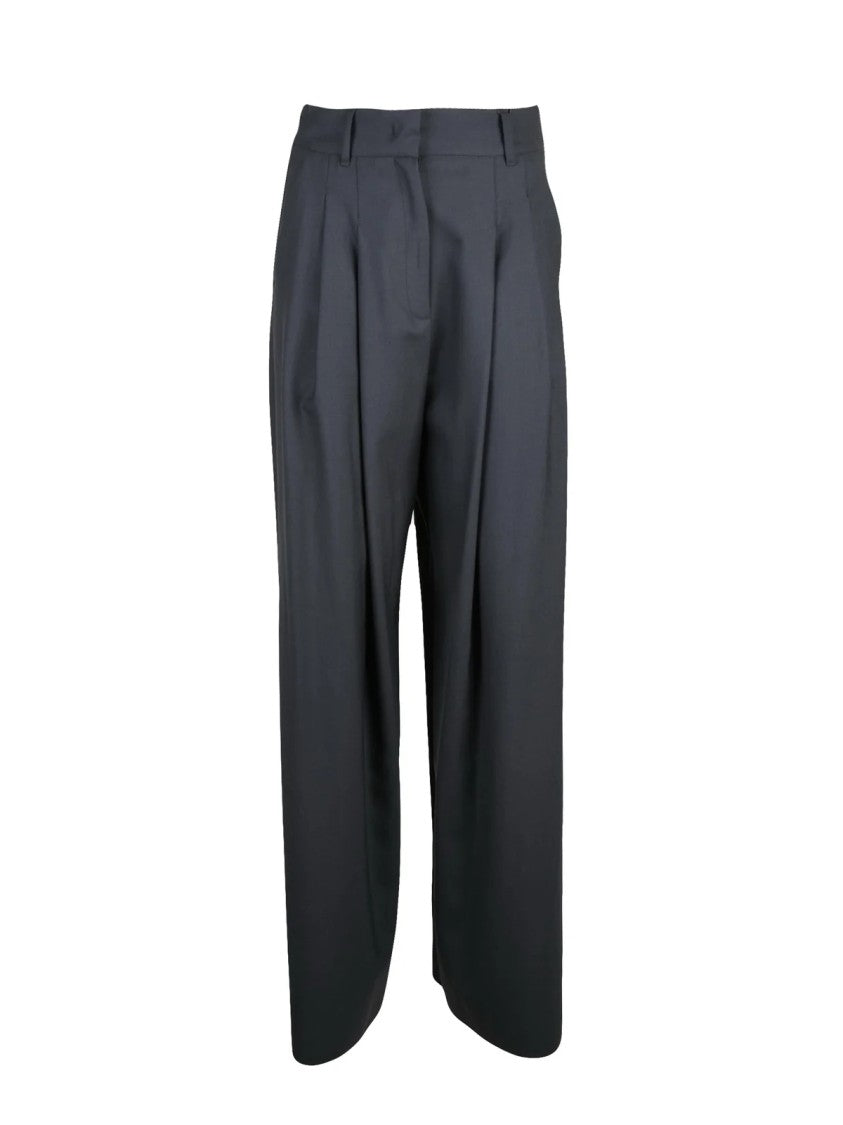 Marella Monochrome Palazzo Leg Grey Wool Trousers With High Waist And Pleats