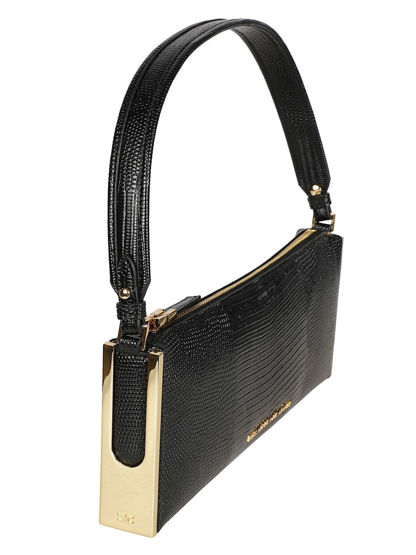 Elisabetta Franchi Textured Shoulder Bag With Gold Accents And Embossed Logo