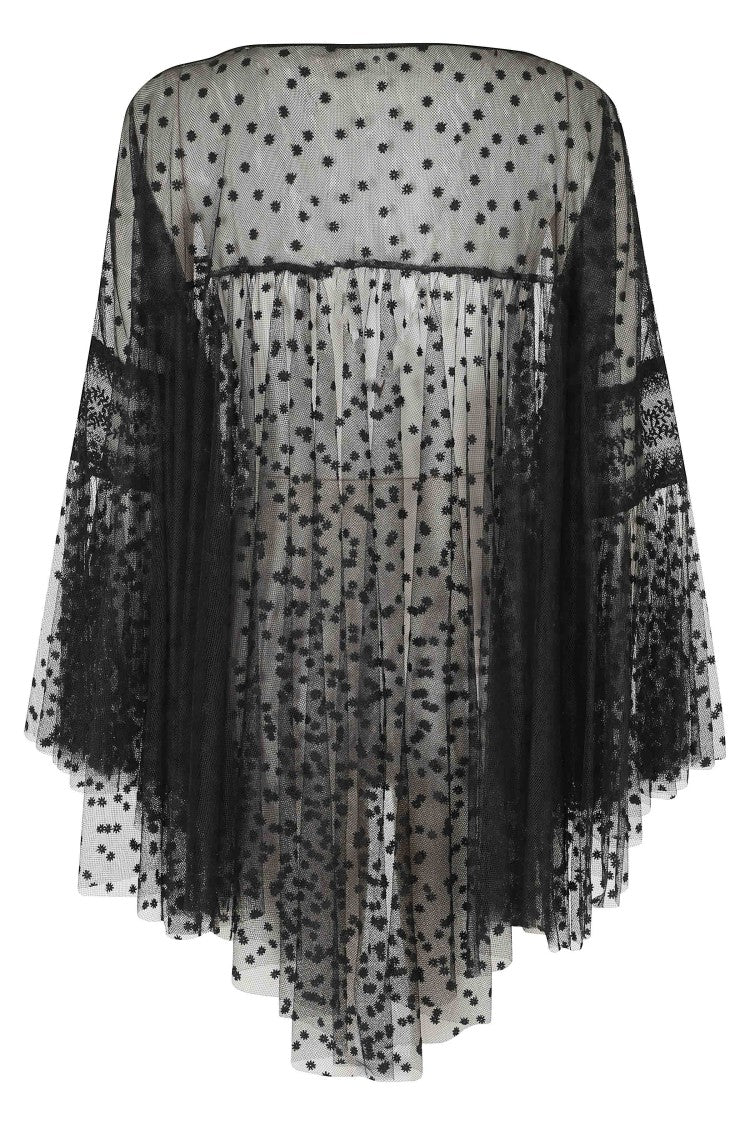 Alberta Ferretti Black Sheer Embroidered Floral Volant Sleeves Polyester Blouse