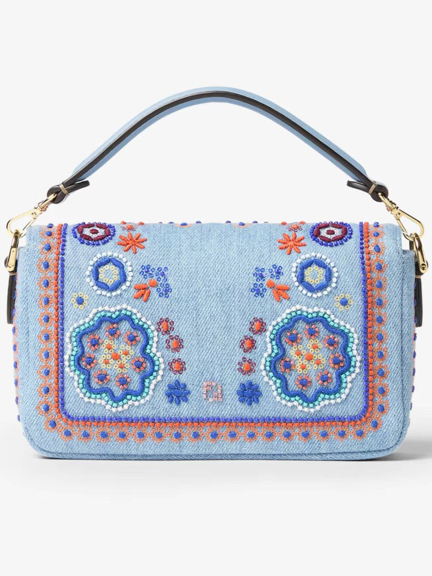 Fendi Rectangular Denim Mini Baguette With Floral Embroidery And Gold-Tone Clasp